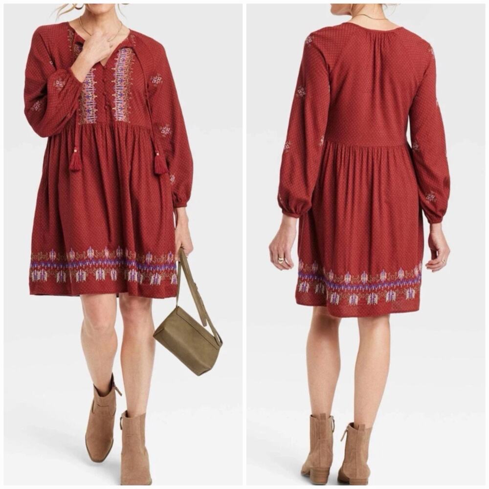 Knox Rose Size L Embroidered Boho Peasant Dress NWT Burgundy Long Sleeve